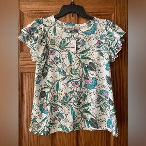 LOFT RUFFLE FLUTTER SLEEVE WHITE WITH FLORAL PRINT TOP SIZE SMALL NWT